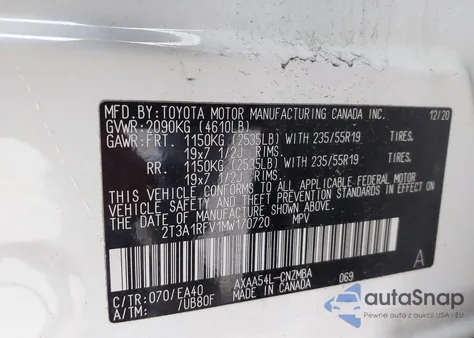 2021 Toyota Rav4 Xle Premium z USA, uszkodzony, nr VIN 2T3A1RFV1MW170720